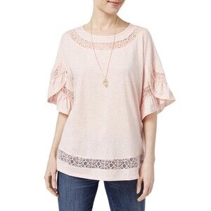 Style & Co Pink Knit Tulip Sleeve Lace Inset Blouse Top M